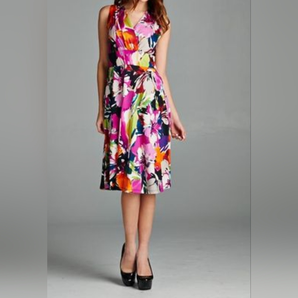 Floral V-Neck Sleeveless Dress - Multicolor
